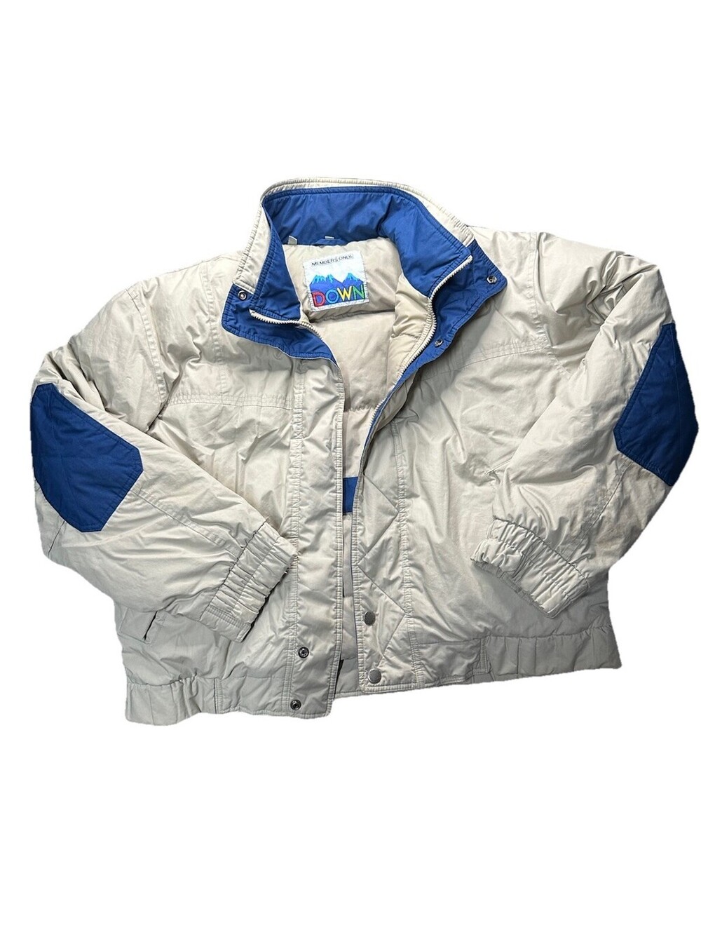 Vintage 90s Members Only Ski Puffer Jacket Cream Blue Cropped XL Down Filled